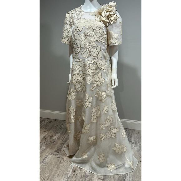 ❌❌ Sold Teri Jon by Rickie Freeman Ivory and Gold Floral Jacquard A-line Gown - Picture 7 of 12